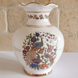 Chinoiserie Small Vase CHIPPED Colorful Peacocks Greece 24K Gold Ruffled Edge